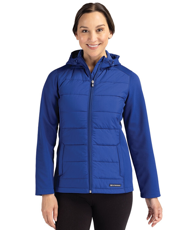 Woman wearing Cutter & Buck Evoke Hybrid Softshell Recycled Full Zip Womens Hooded Jacket in Tour Blue