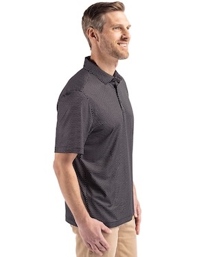 Man wearing Cutter & Buck Pike Eco Shadow Check Print Recycled Mens Big & Tall Polo in Navy Blue