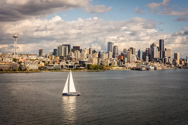 A sailboat in a body of water in Seattle